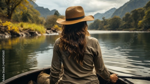 STYLISH WOMAN IN HAT SITS IN BOAT AT CALM LAKE REFLECTING BEAUTY OF NATURE.