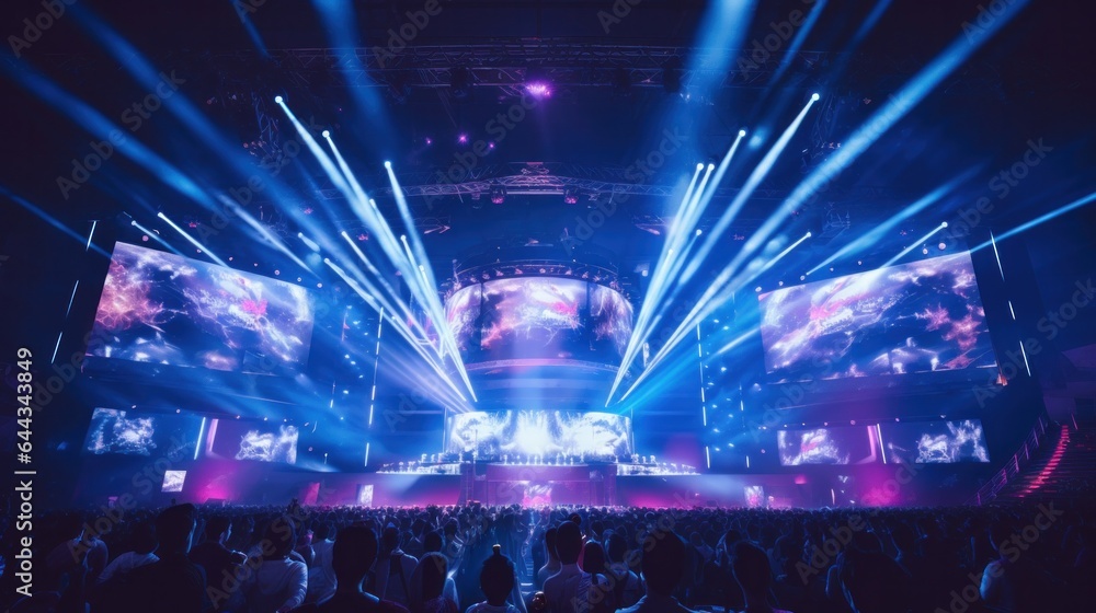 E-sports arena, filled with cheering fans and colorful LED lights. Players compete on a large stage in front of a massive screen. Big arena with many people, big stage, concert hall. - obrazy, fototapety, plakaty 