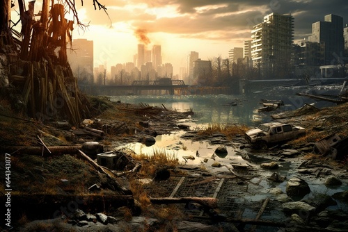 Artistic portrayal of a post-apocalyptic urban environment where nature triumphs over civilization. Generative AI