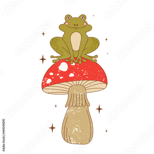 Retro 70s groovy funky frog with mushroom. Frog character sitting on mushroom. Naive groovy toad psychedelic vintage illustration.