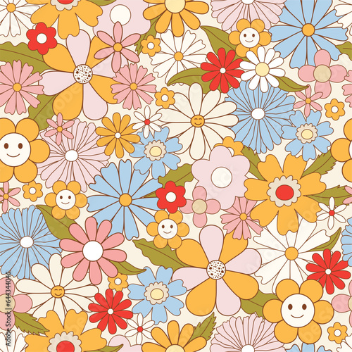 Retro 70s hippie vibrant seamless pattern with groovy flowers. Vintage character daisy flowers. Vector surface design for invitation, wrapping paper, packaging etc.