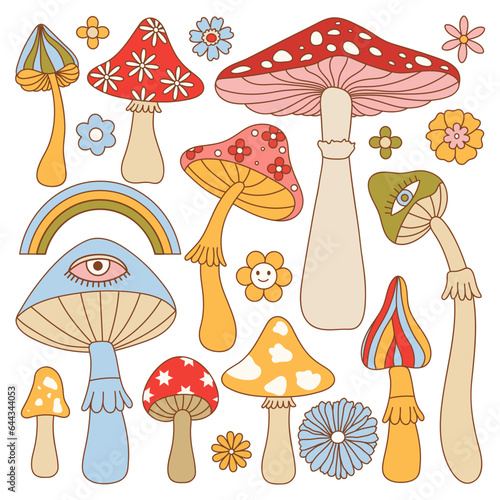 Set of 70s trippy hallucinogen  groovy mushrooms, rainbow and flowers. Hippie psychedelic fly agaric fungus pack. Naive groovy hippie isolated vector illustration.