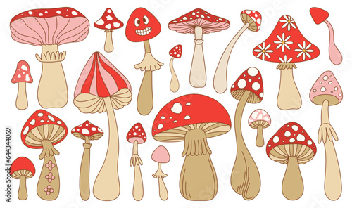 Set of various trippy 70s groovy mushrooms. Hippie psychedelic fly agaric fungus pack. Naive groovy hippie isolated vector illustration.