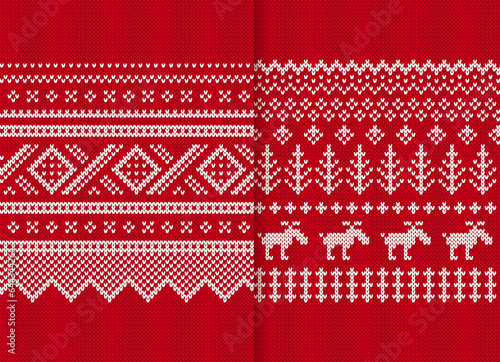 Holiday fair knit texture. Christmas winter print. Seamless pattern with deers, trees. Knitted red sweater background. Xmas traditional ornament. Festive wool pullover vector illustration.