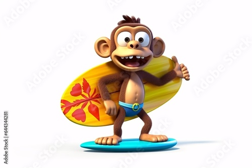 funny monkey with surfboard isolated on white background 3d illustration