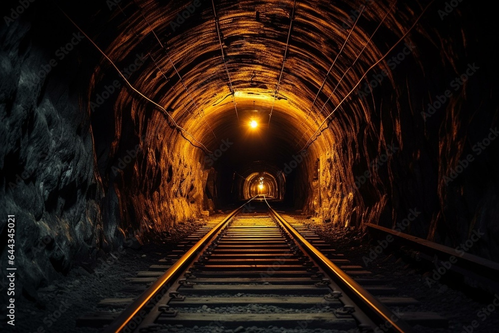 Nighttime passage through a railway tunnel. Generative AI