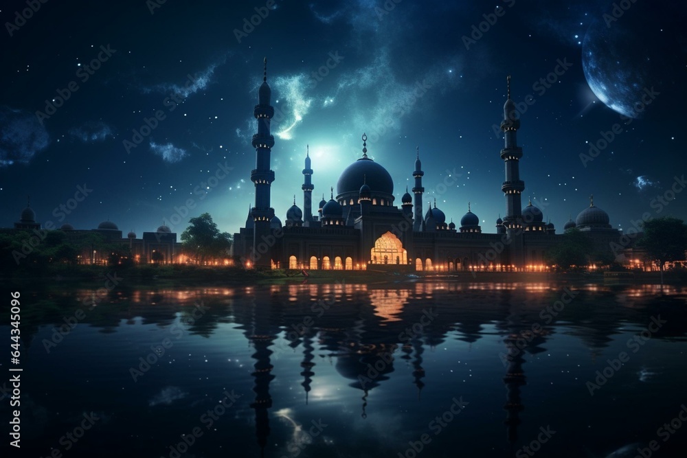 An iconic Islamic mosque beautifully illuminated under the crescent moon during Ramadan. Generative AI
