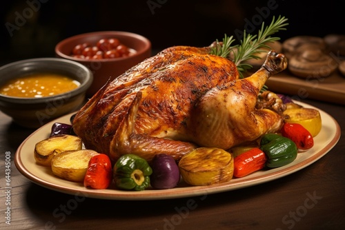 Delicious roasted chicken served with a variety of vegetables. Generative AI