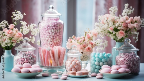 Photo of a colourful display of candy-filled glass jars on a table ready for a baby shower - created with Generative AI technology