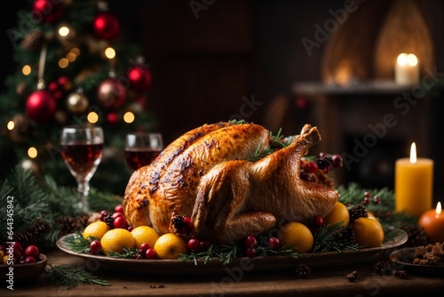 Christmas roasted turkey with cranberries and oranges on rustic wooden table