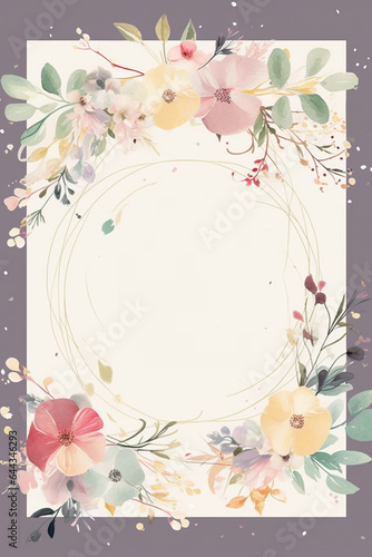 Colorful floral decoration illustration background template, creative arrangement of nature and flowers. Good for banner, wedding card invitation draft, greetings, and design element. Generative AI.