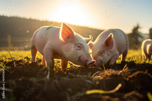 Organic Farm Bliss Happy Pigs Grazing in a Lush Meadow on a Sustainable Meat Farm. created with Generative AI