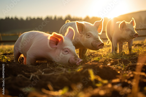 Organic Farm Bliss Happy Pigs Grazing in a Lush Meadow on a Sustainable Meat Farm. created with Generative AI
