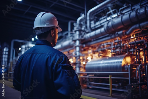 Diligent Engineer in Full Uniform Expertly Inspecting a Massive Industrial Engine in a Factory Setting. created with Generative AI © photobuay