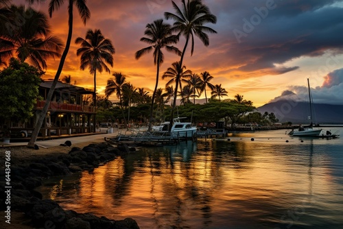 An image capturing the beautiful Lahaina Harbor in Maui, Hawaii. Generative AI © Caledonia