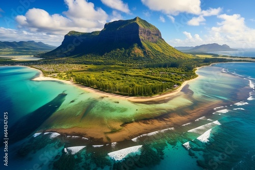 Bird's-eye view of Le Morne Mountain in Mauritius, Africa. Generative AI