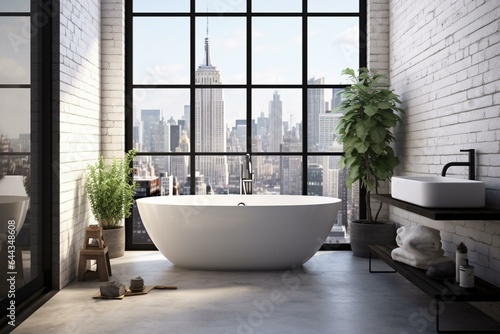 Bright sunlit bathroom with white bath, black and white floor, dark shower on wooden wall, light brick wall background, and city view from big window. Generative AI © Finlay