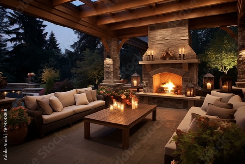Beautiful outdoor space with a warm fireplace and comfortable seating. Generative AI