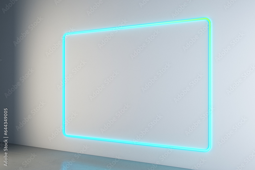 Modern light neon blue gallery interior with mock up frames on concrete wall. Future concept. 3D Rendering. Modern light neon blue gallery interior with mock up frames on concrete wall. Future concept. 3D Rendering.