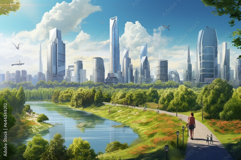 Cityscape with parks, high-rises, greenery & business district in panoramic view. Generative AI