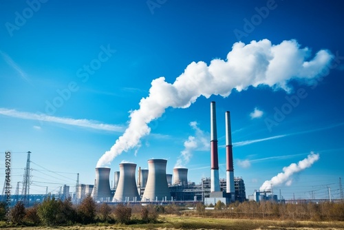 A power plant with smoking chimneys set against a blue sky. Generative AI