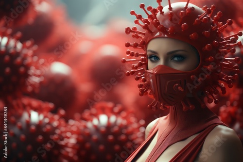 Close up virus outbreaking and Pandemic such as monkeypox virus, covid 19, an attractive girl wears a helmet in the shape of a red virus, dark pink background-2