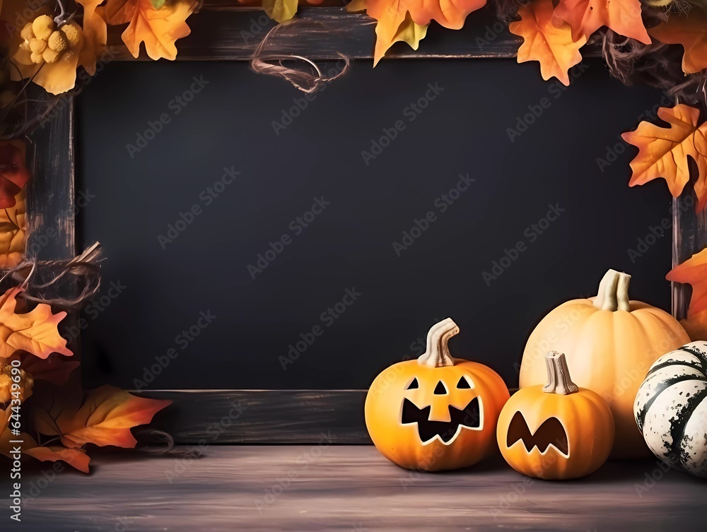 Fototapeta premium Autumn Halloween decorations signboard background. Pumpkins and autumn orange leafs on a dark background. Autumn Holiday Halloween. Generative AI