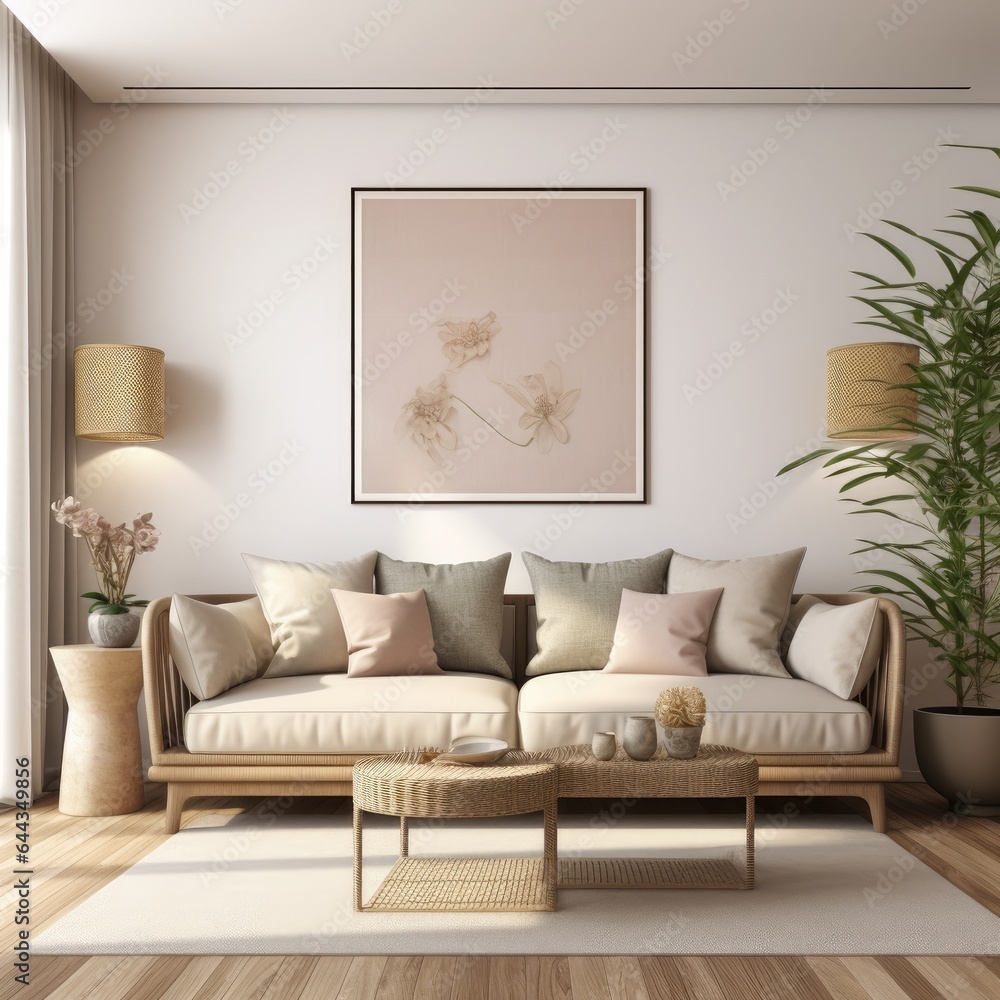 Photo frame mockup on white wall The interior is decorated with minimalist or bohemian rattan sofas.