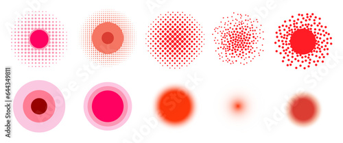 Trendy red pain point collection. Set of circles and halftone symbols of painful target