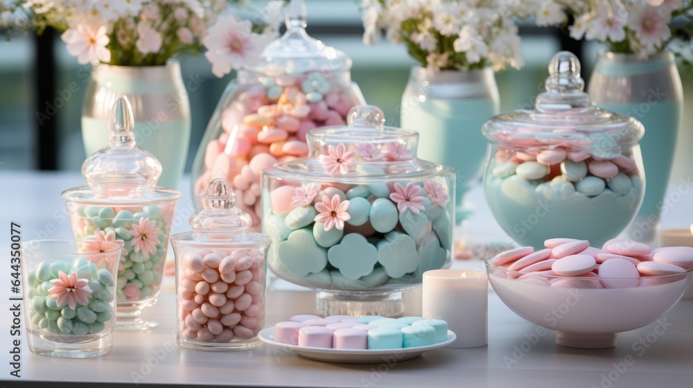 Photo of a colourful display of candy-filled glass jars on a table ready for a baby shower - created with Generative AI technology Photo of a colourful display of candy-filled glass jars on a table ready for a baby shower - created with Generative AI technology