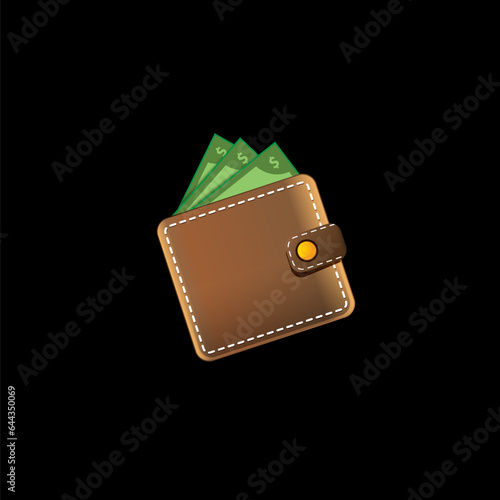 vector brown wallet with green paper dollars money isolated on black button background. finance mobile app or mobile banking icon, label and sign design template. Wallet with money top view