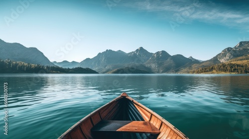 Leinwand Poster Wooden canoe on the lake with mountains in the background