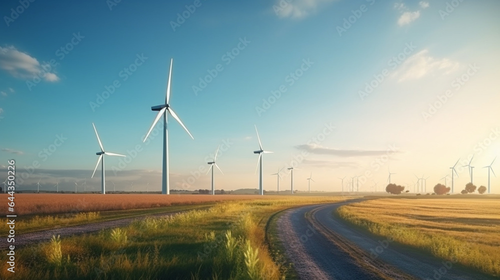wind turbines in the field with colorful sky and clouds wind turbines in the field with colorful sky and clouds