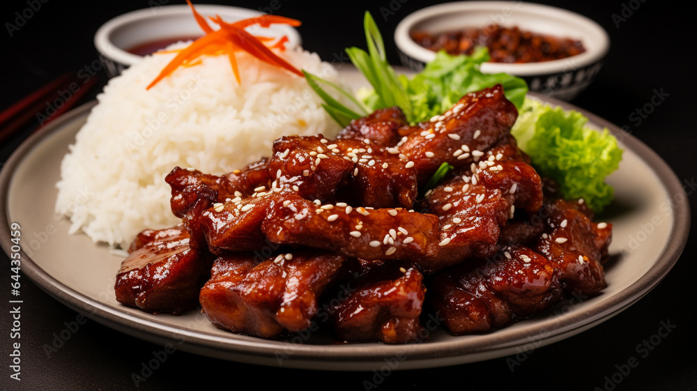 korean food chicken with rice, vegetables and sesame sauce korean food chicken with rice, vegetables and sesame sauce