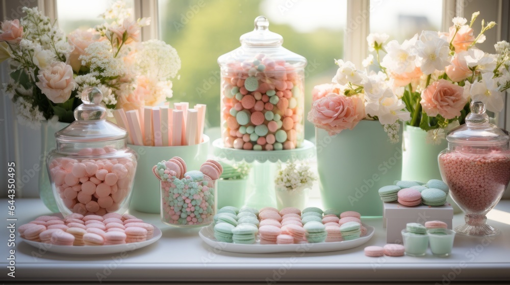 Obraz premium Photo of a colourful display of candy-filled glass jars on a table ready for a baby shower - created with Generative AI technology