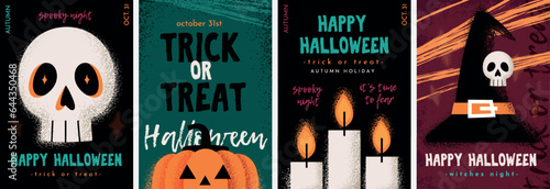 Happy Halloween posters set with skull, pumpkin, candles and a witch's hat in flat style with grunge effect. Vector illustration. Funny skeleton head, cute pumpkin, burning candles, stylish witch hat.