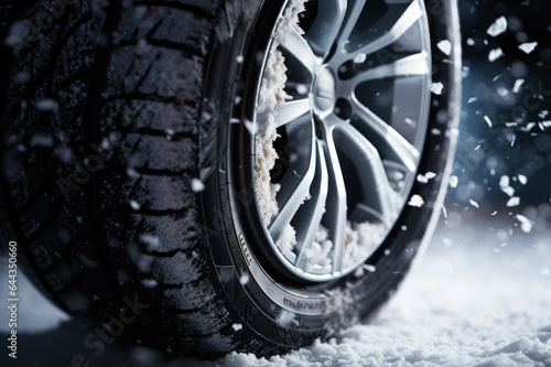 Close-up of quality winter tire covered in snow and frost