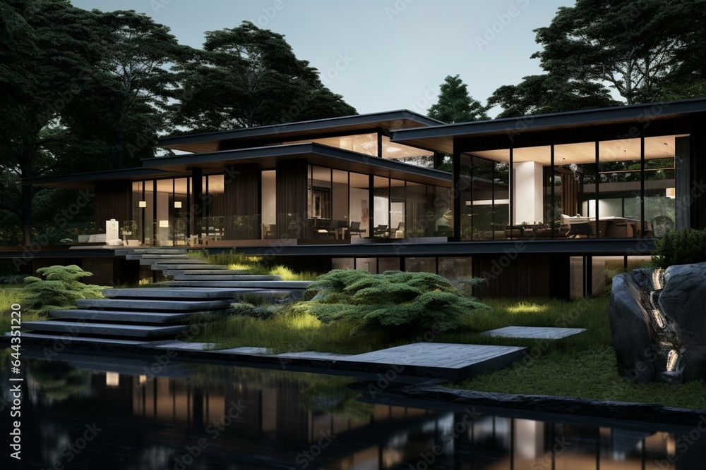 A blend of nature and technology: a sleek, sustainable home with smart gadgets. Generative AI