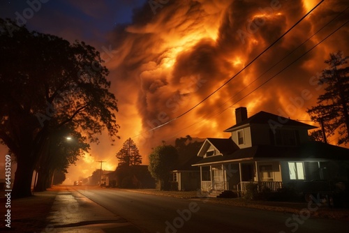 A fire in Salinas, CA caused by dry lightning burns close to houses, filling the sky with smoke and flames. Generative AI