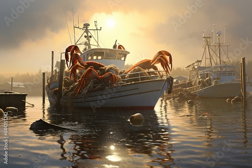 Fishing for crabs in Half Moon Bay, CA commenced on Dec 31, with boats transporting dungeness crab. Generative AI photo