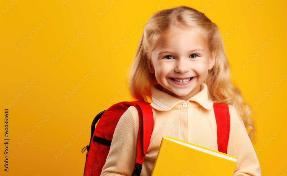 Bible Study. Portrait of a smiling schoolgirl with backpack and book on yellow background Bible Study. Portrait of a smiling schoolgirl with backpack and book on yellow background