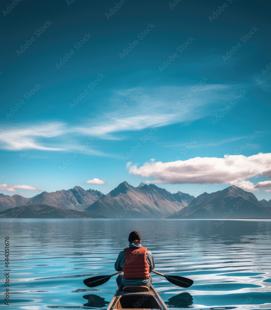 Man in a canoe on the lake with Mount. AI generated Image