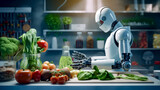 Robot that is sitting in front of table full of vegetables and fruit.