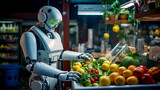 Robot standing next to table filled with fruits and veggies.