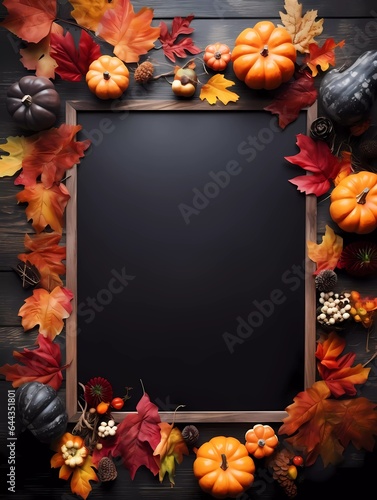 Autumn Halloween decorations signboard background. Pumpkins and autumn orange leafs on a dark background. Autumn Holiday Halloween. Generative AI