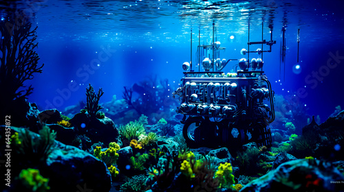 Underwater scene of ship in the ocean with corals and seaweed.