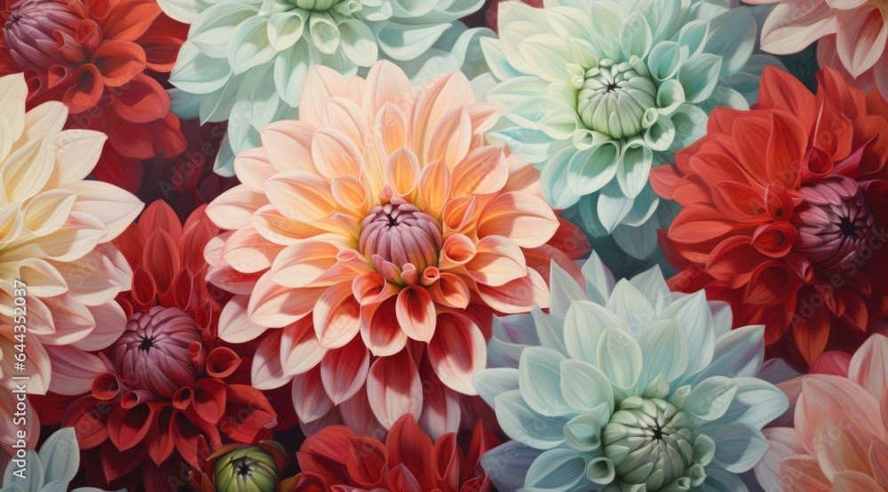 Colorful red, blue and orange dahlia flowers background. Floral pattern. Close up.