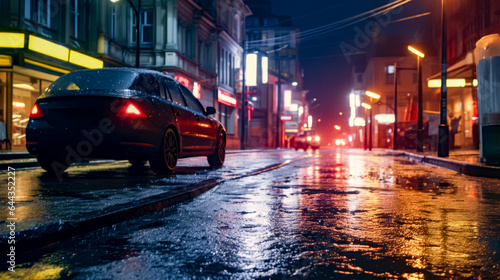Car parked on the side of the road in the rain at night. © Констянтин Батыльчук