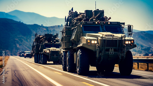 Military vehicles driving down road with mountains in the background.