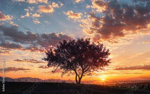 沈む夕日と一本の木